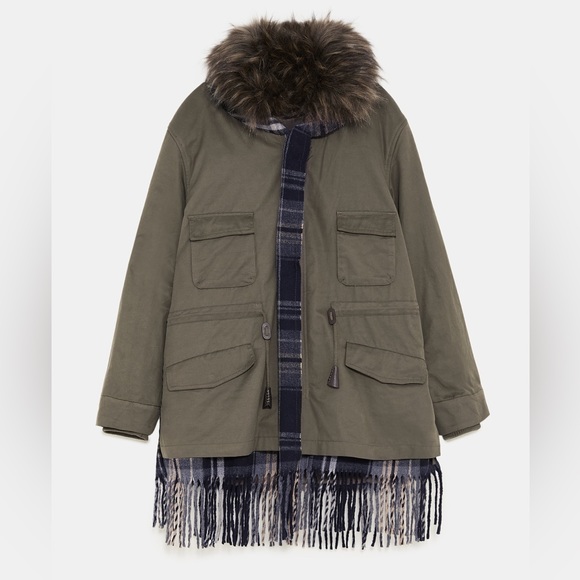 ZARA CONTRAST CHECKED FAUX FUR PARKA COAT JACKET NEW WITH TAGS SIZE XS KHAKI - Picture 5 of 13